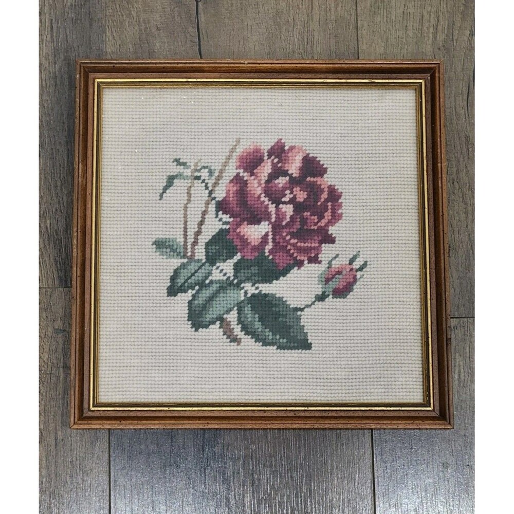 Vintage Floral Pink Roses Framed Wall Art Decor Needlepoint 11x11 Cottagecore